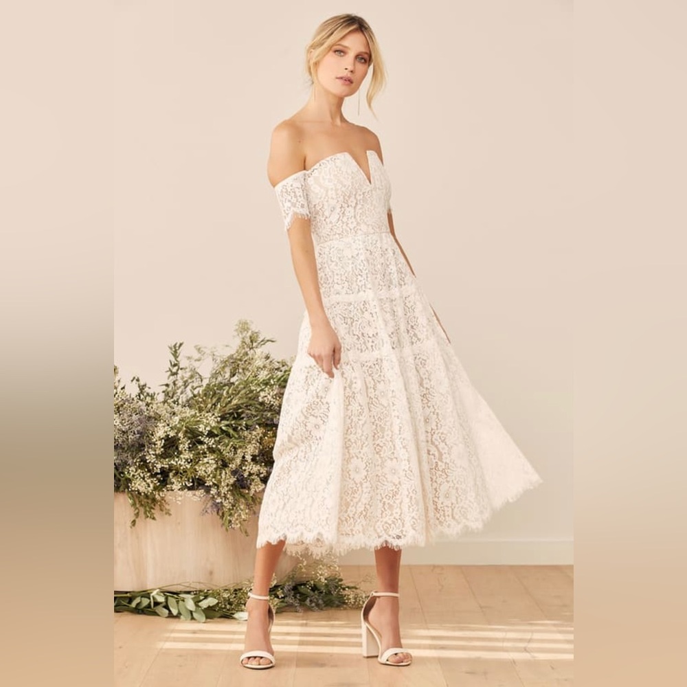 Lulus Absolutely Stunning White Lace Off The Shoulder Midi Dress M